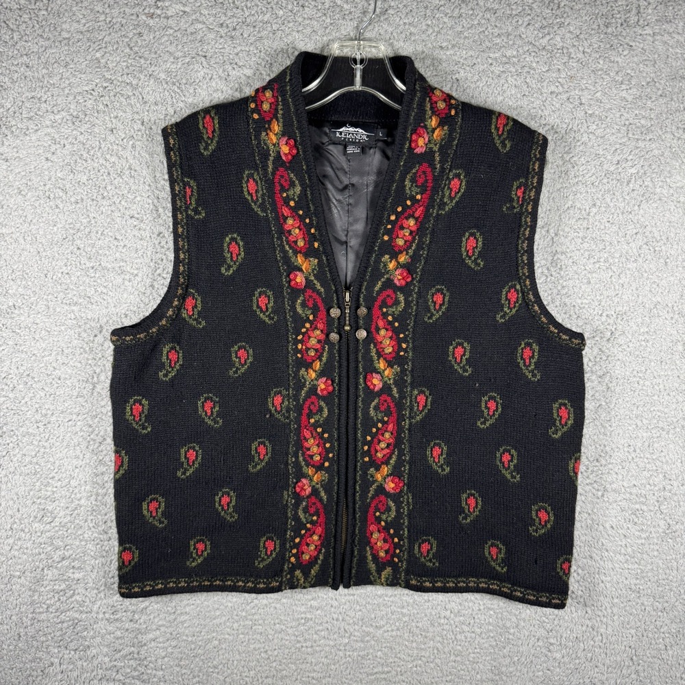 Icelandic Design Womens Wool Blend Paisley Embroidered Zip Knit‎ Vest Black L